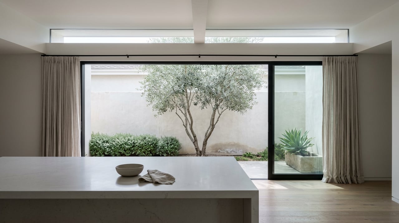 Open-plan great room with a quartz island, oak floors, and a glass wall framing an olive tree in a courtyard.