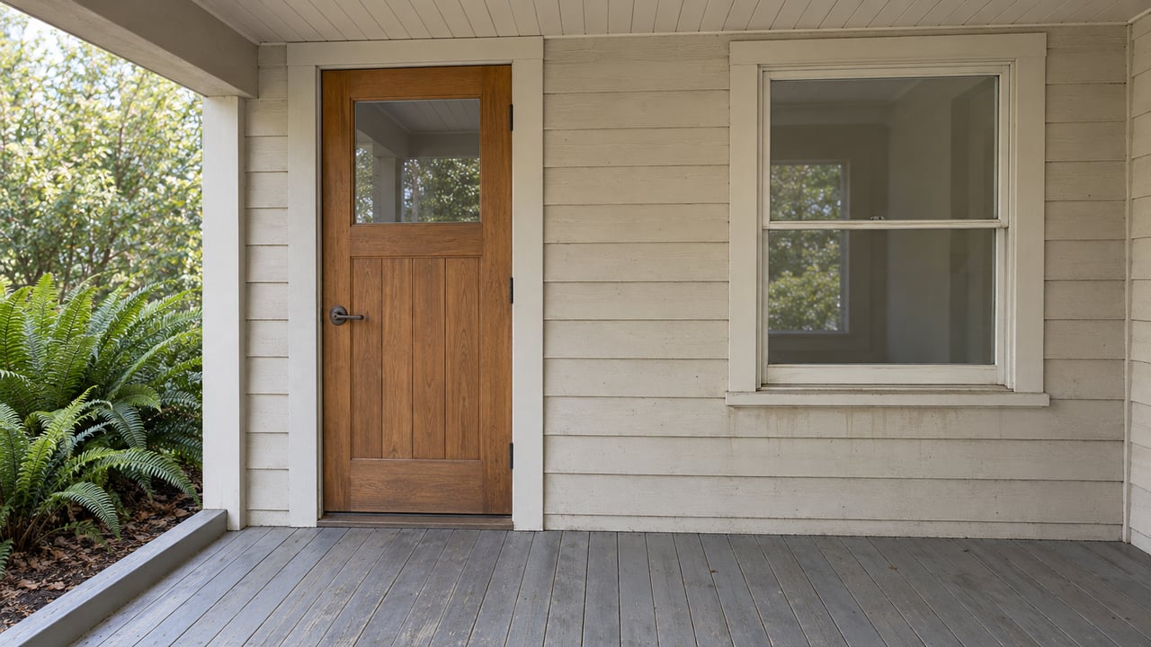 Close view of a covered wood porch with a glazed fir front door, painted siding, a timber sash window and sword ferns beside the raised floor.
