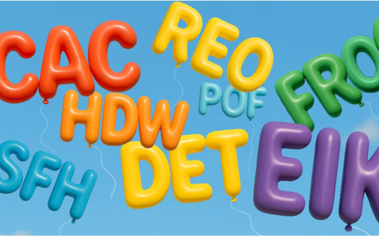 Real estate acronym letters formed from colorful balloons against blue.
