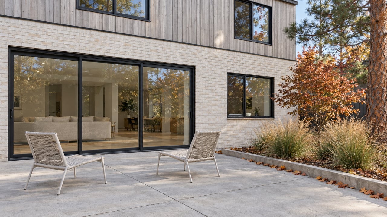 Contemporary home with pale brick, timber cladding and black-framed glass doors opening visually onto a concrete patio with autumn planting.