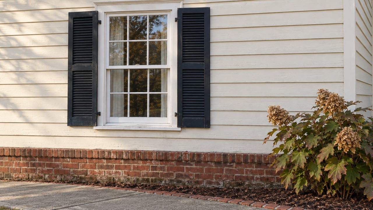 Ivory clapboard house with a white divided-pane window, dark shutters, brick foundation and bronze-leaved oakleaf hydrangea.