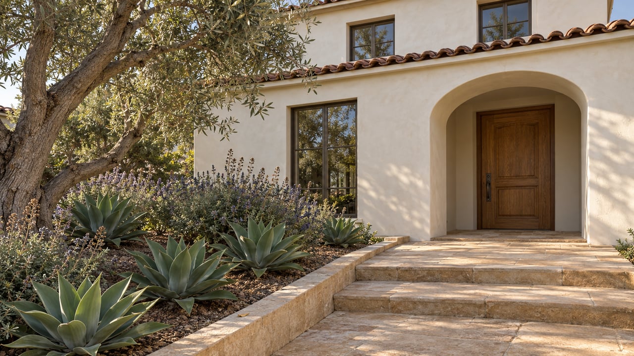 Sunlit cream stucco home with a clay tile roof, recessed oak entry, sandstone steps and an established olive garden.