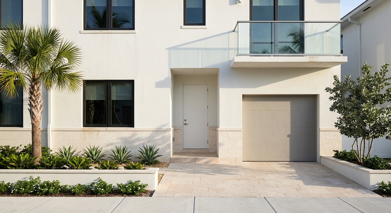 Modern coastal townhome facade with garage, recessed stoop, balcony, paver approach, and palm-framed roofline.