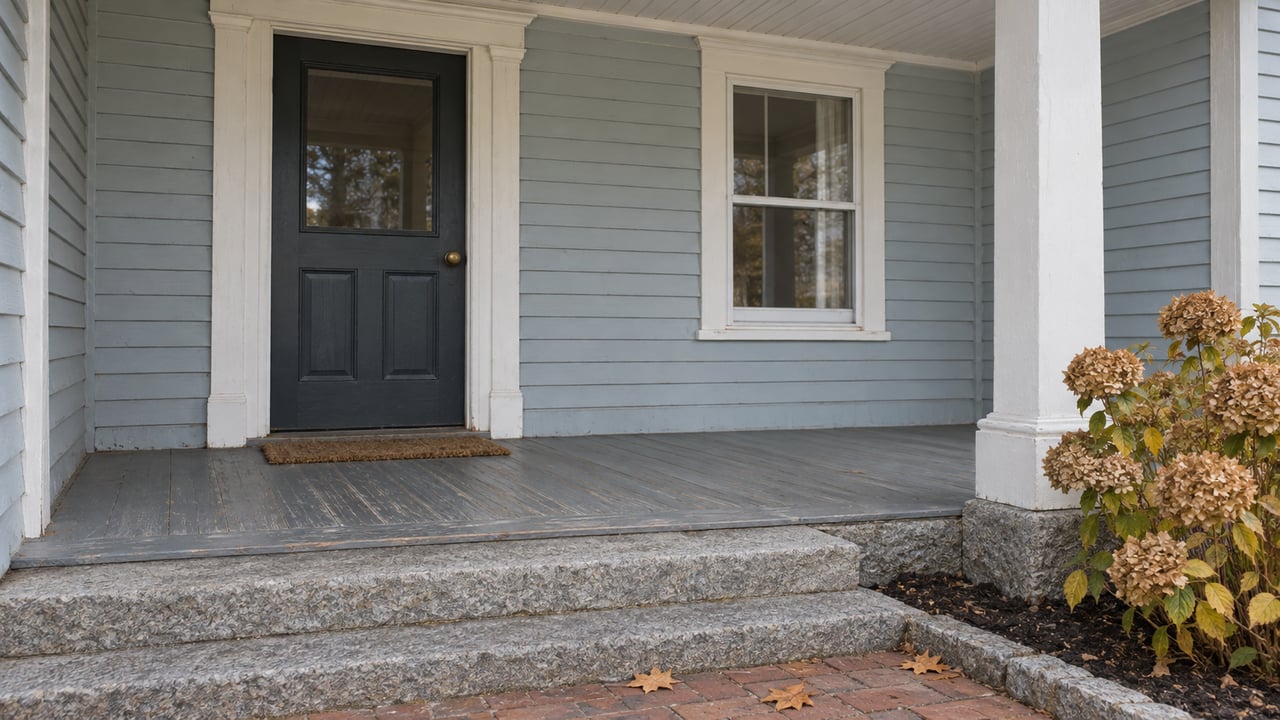 Slate-blue clapboard house entrance with a charcoal door, weathered porch boards, granite steps, and dried hydrangea flowers.