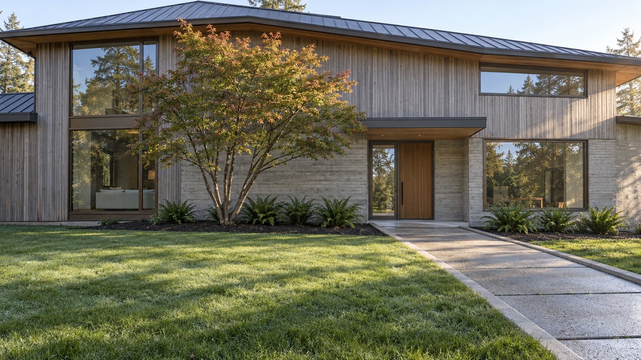 Morning sunlight on a contemporary cedar-and-concrete home beyond a deep lawn, with a branching vine maple and fern planting beside the entry.
