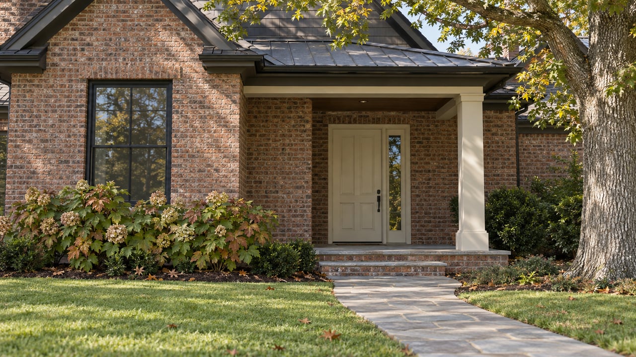 Brick house entry with a cream door, curved stone walkway, oak tree, and russet hydrangeas.