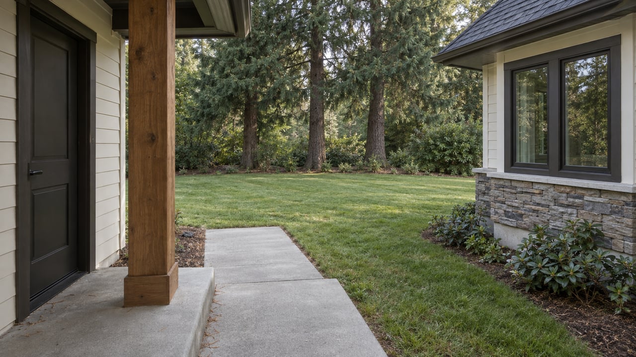 Suburban house porch and bay window overlook a concrete path and lawn bordered by Douglas firs.