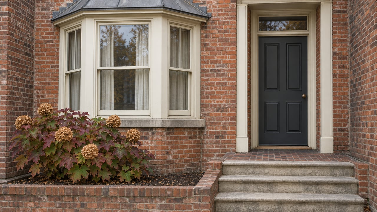 An aged red-brick home's ivory bay windows and charcoal front door above worn stone steps, beside an oakleaf hydrangea.
