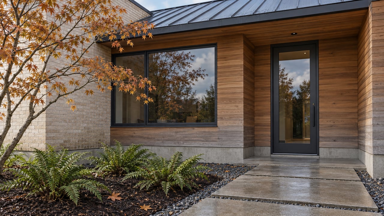 Contemporary cedar and pale brick home with a glazed entry, damp concrete approach, amber vine maple and sword ferns.