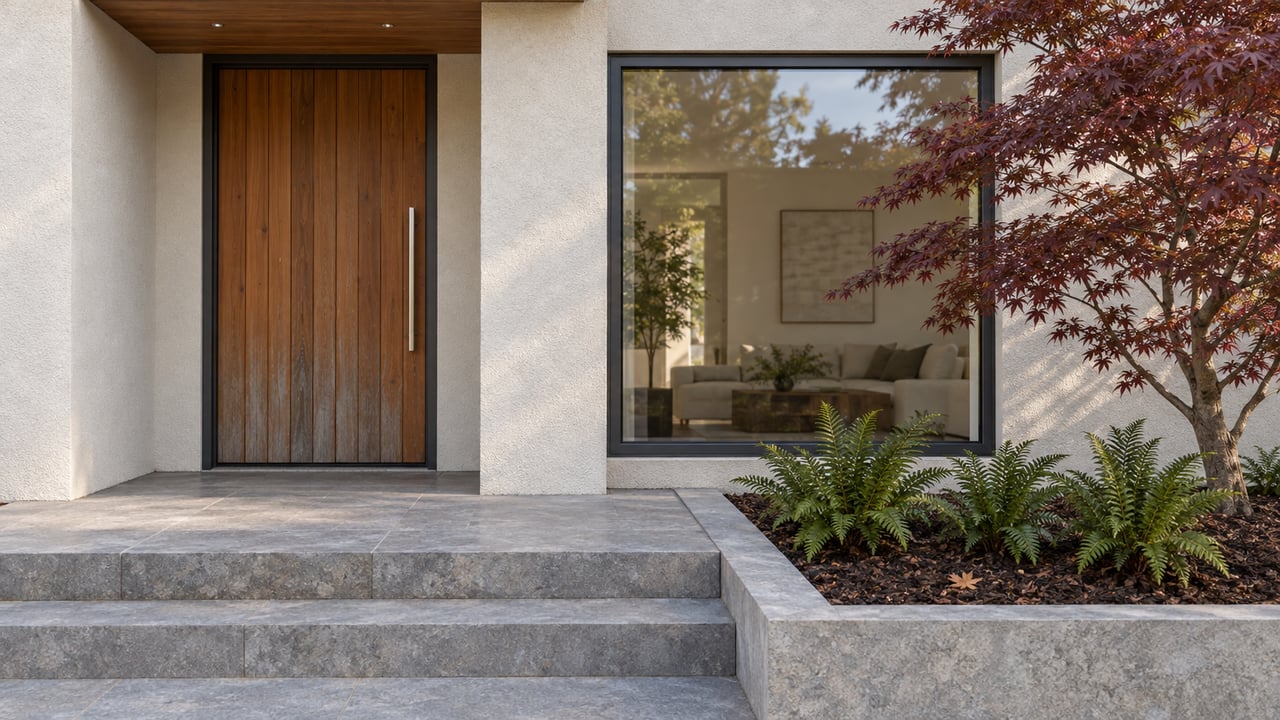 Close view of a renovated home's cedar entry door, pale stucco, large window, and limestone steps beside a Japanese maple.