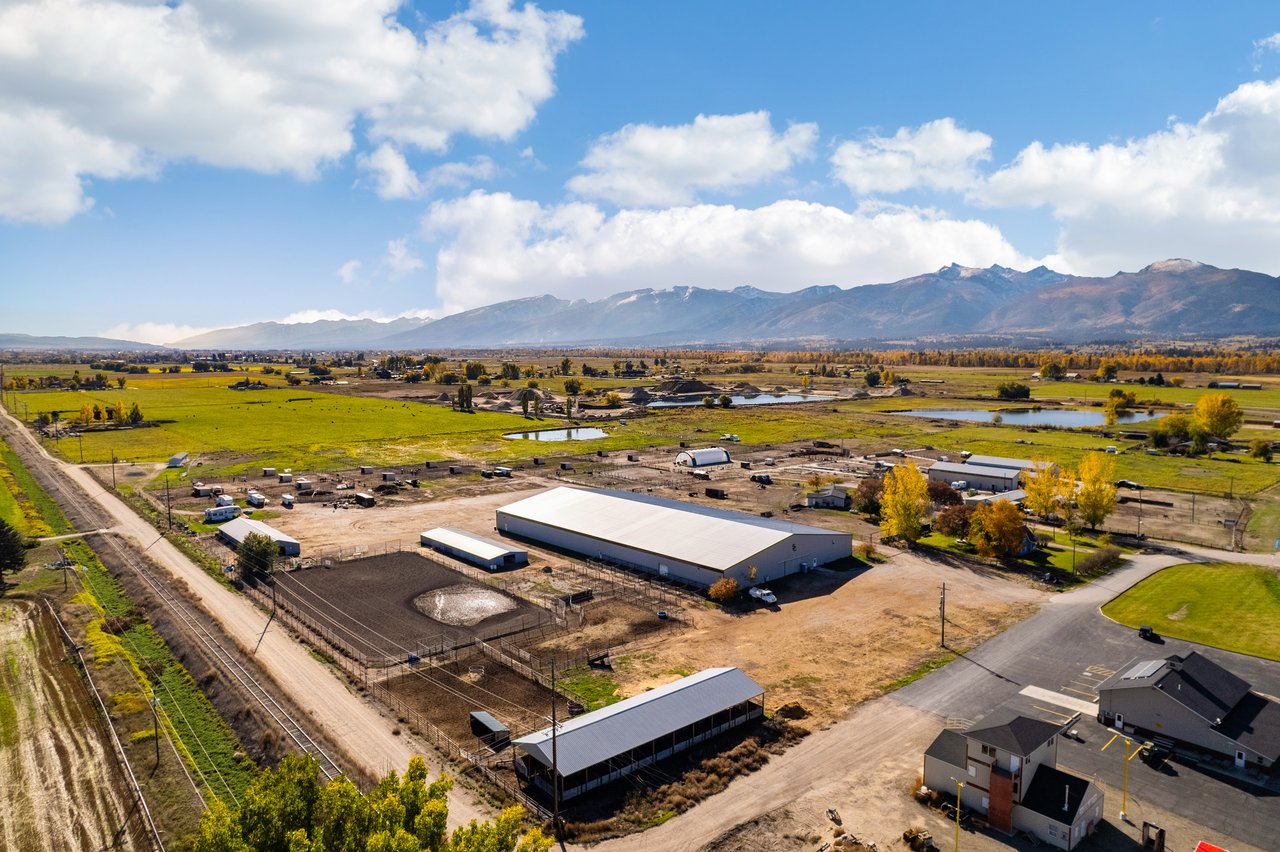 Aerial view of 5C Arena & Event Center with Bitterroot Valley and mountain backdrop Montana