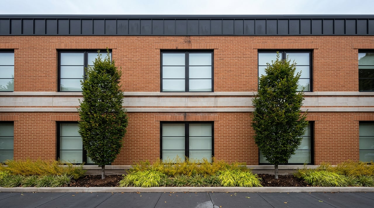 Four-story amber-red brick building with black-framed windows, limestone course, metal parapet, and narrow landscaped sidewalk.
