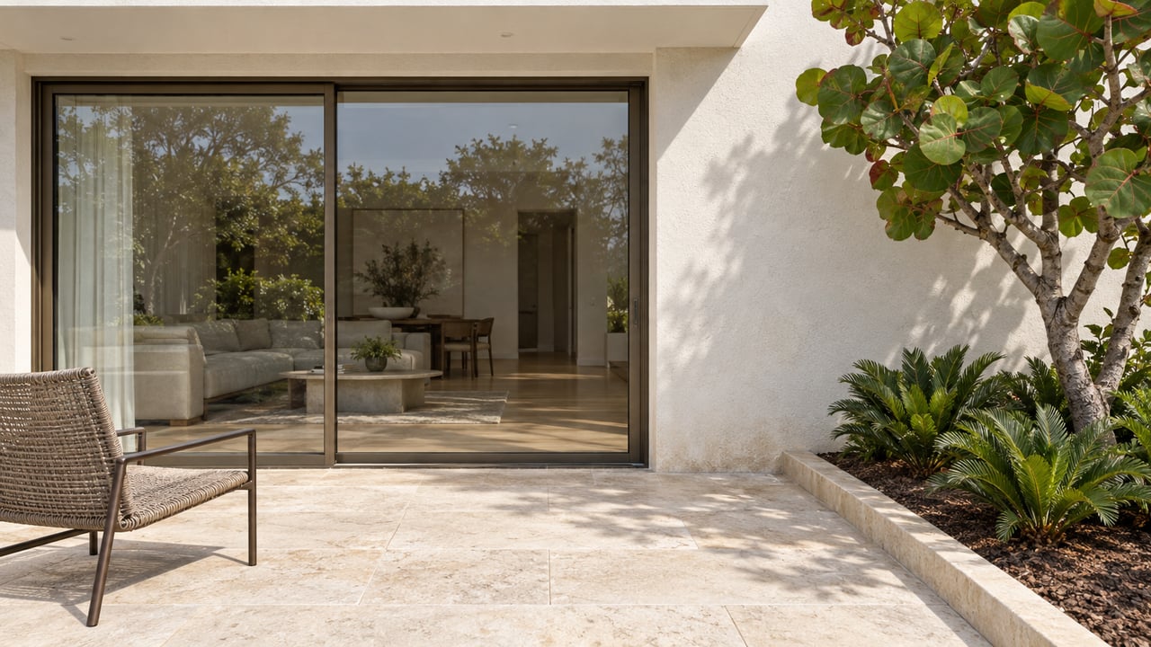 Covered terrace with ivory stucco, bronze-framed sliding glass, pale limestone paving and a sculptural sea-grape tree in a raised planting bed.
