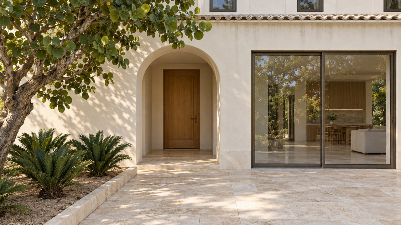 Warm ivory residence with a recessed arched wood entry, bronze-framed glazing and a limestone approach beside sea grape and cardboard palms.