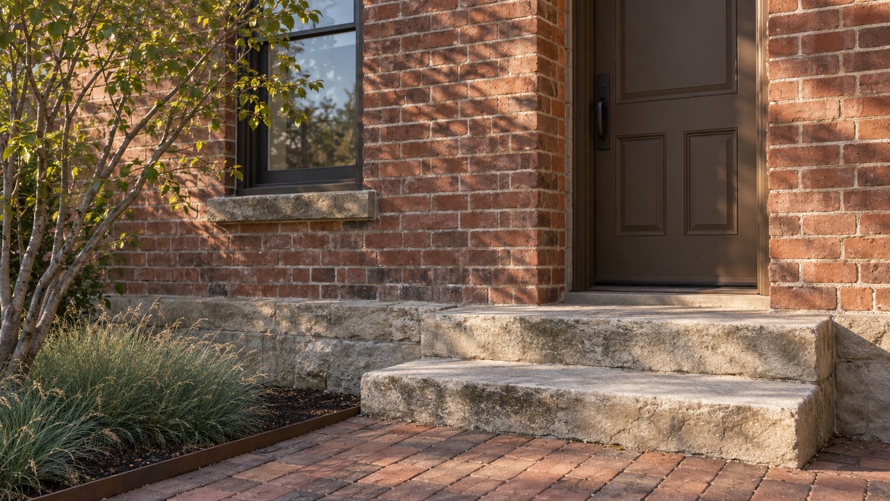 Older brick home with a recessed umber door, limestone steps, and a serviceberry beside the entry.