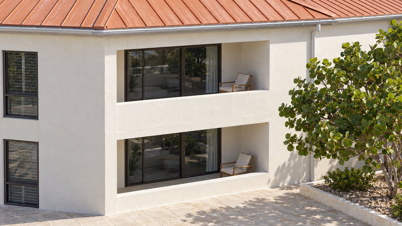 Elevated view of a low-rise condominium with a terracotta-orange metal roof, ivory stucco terraces and a sea grape tree beside a limestone-edged courtyard.
