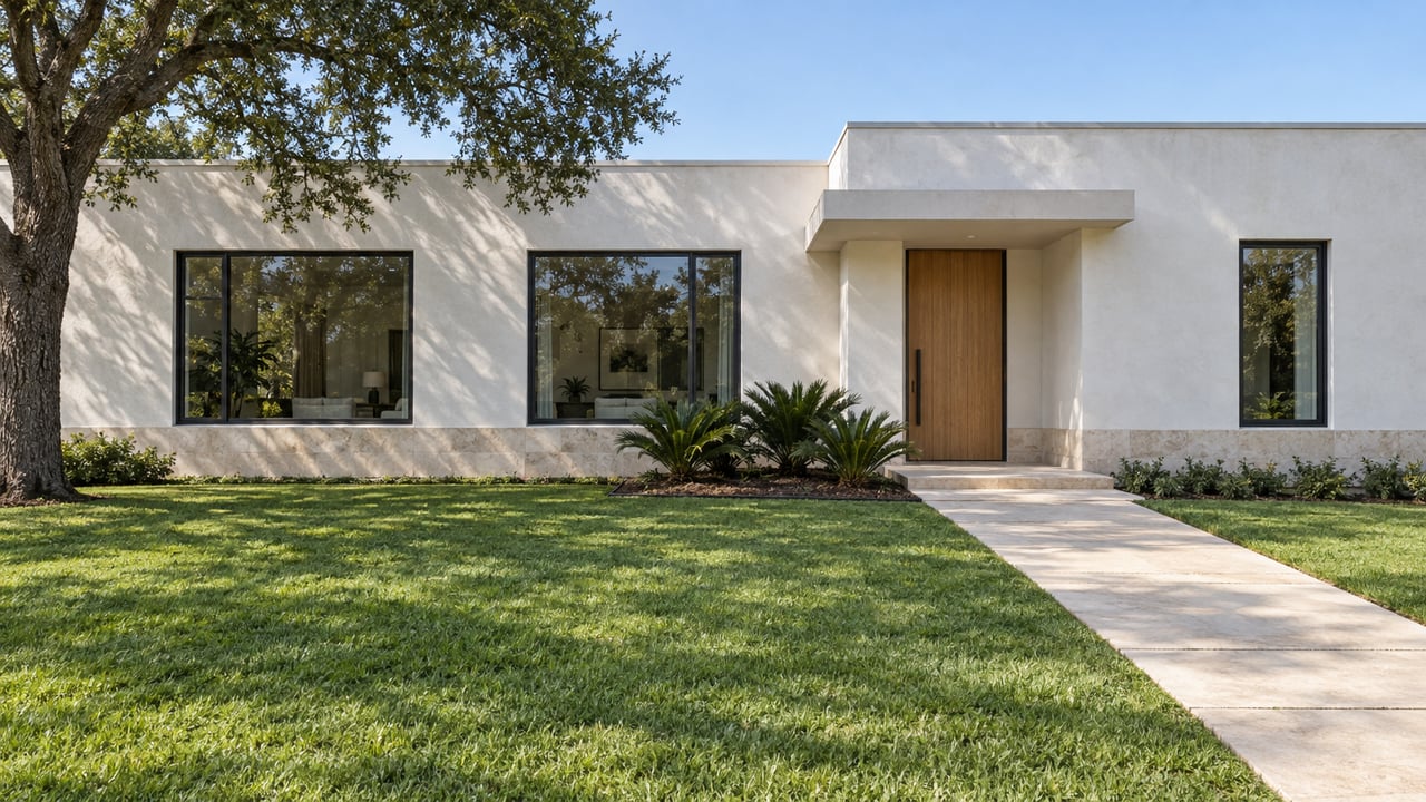 White stucco home beyond a broad sunlit lawn, with limestone walkway, charcoal-framed windows and an oak entry door.