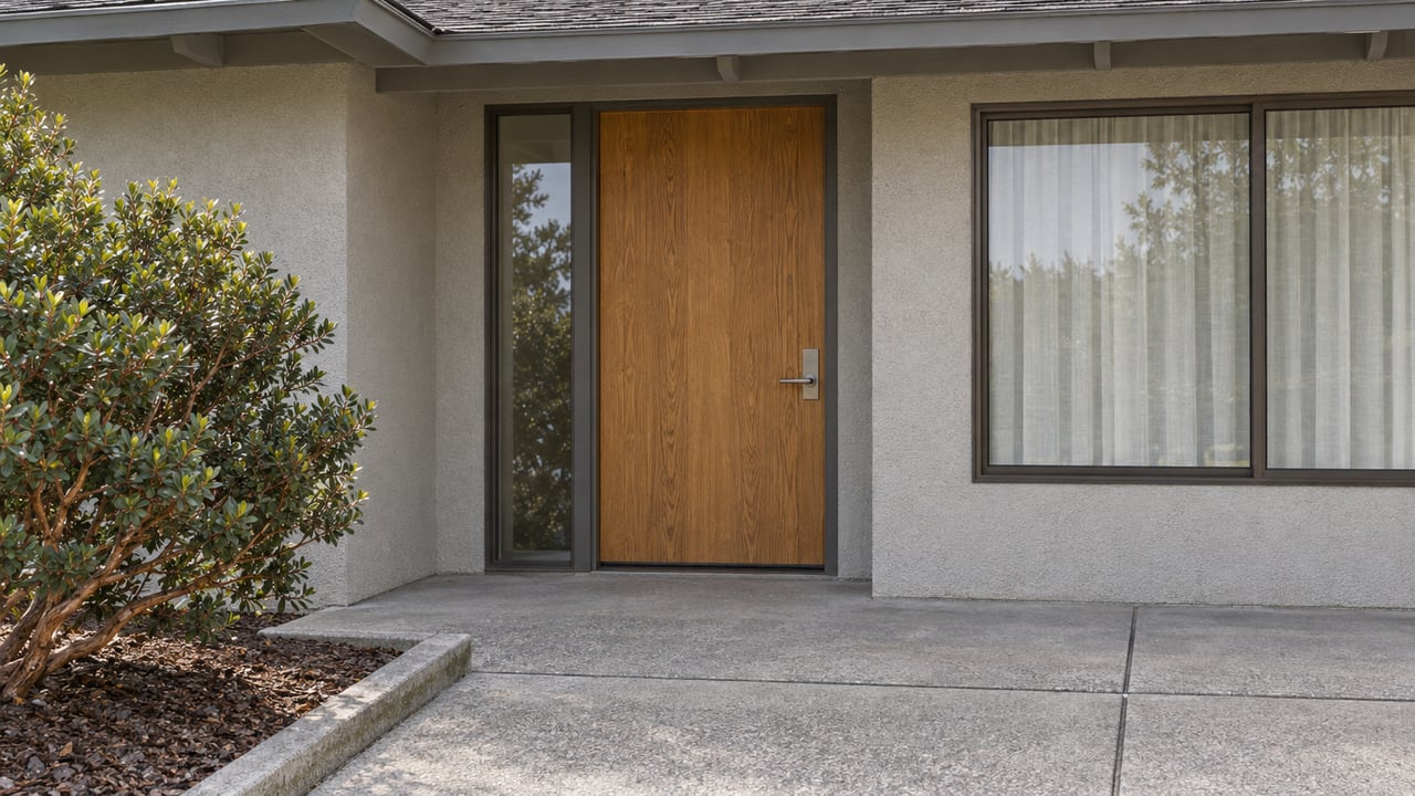 A sheltered stucco home entry with an oak door, bronze-framed window and sculptural manzanita beside a concrete approach.
