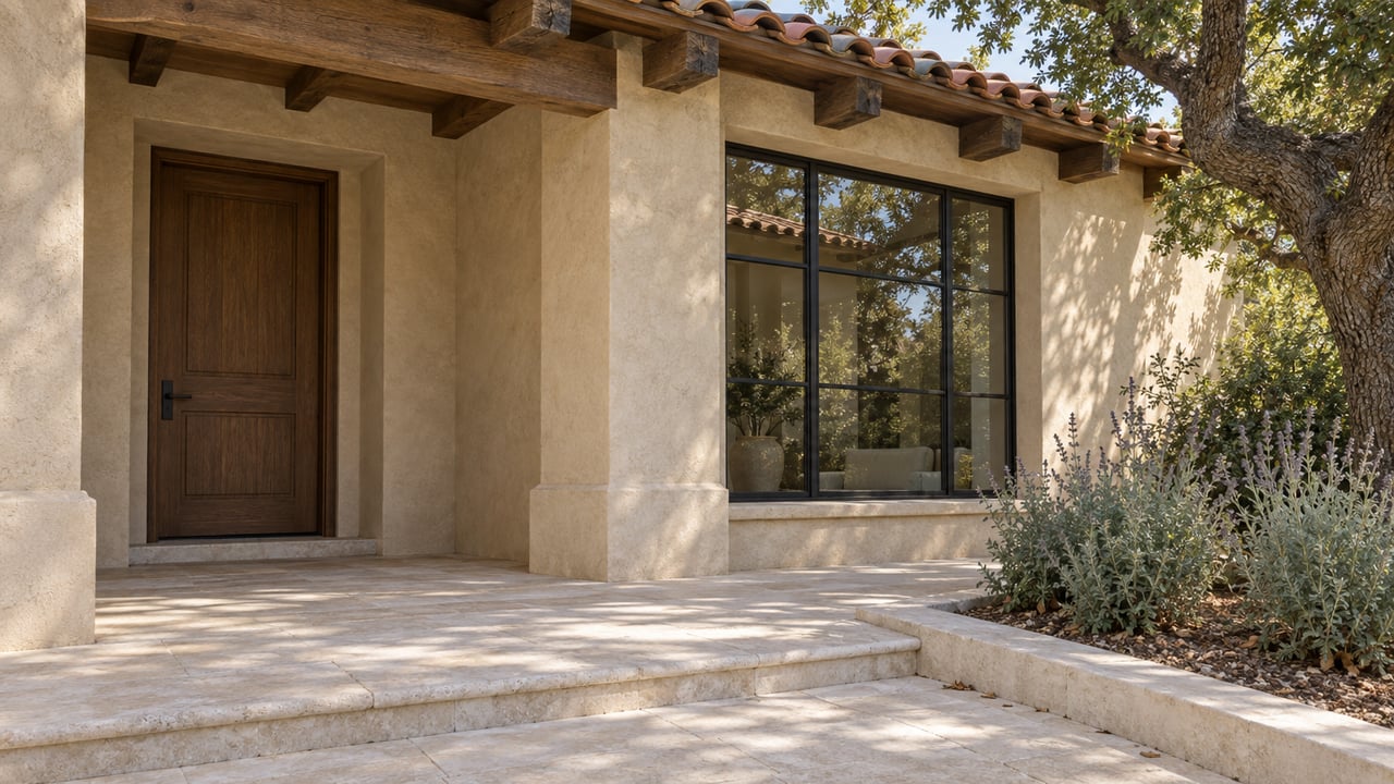 Sunlit limestone entry terrace with a recessed oak door, sand stucco walls, black-framed window and an oak tree beside a planted bed.