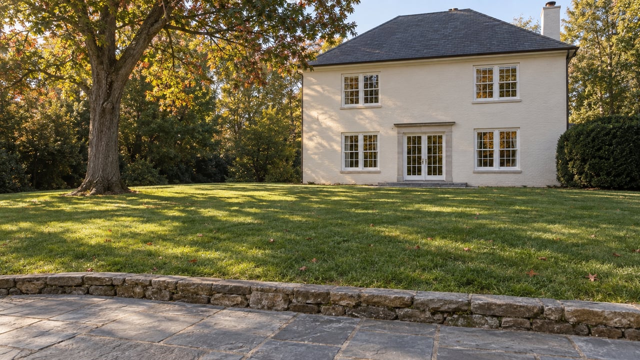 Cream two-story house beyond a broad sloping lawn, with a mature oak at left and stone terrace in foreground.
