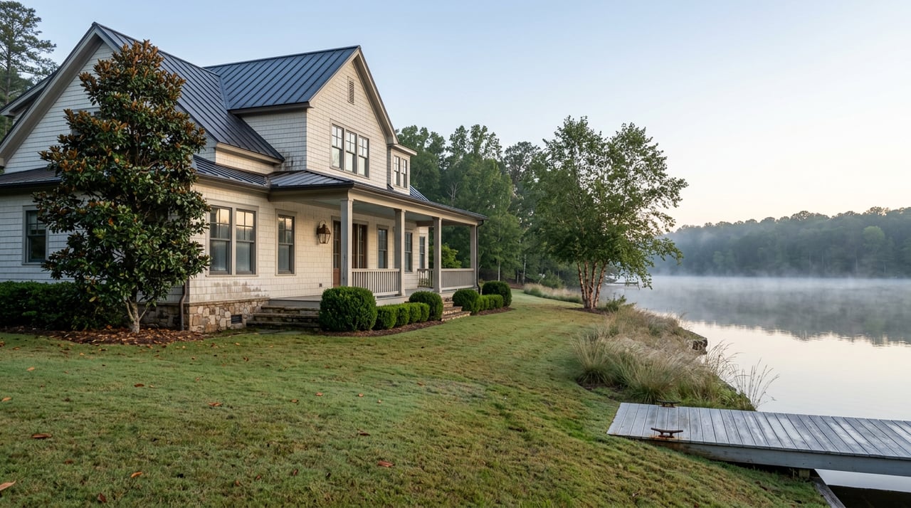 Ivory waterfront house with a covered porch above a sloping lawn, morning mist over the lake, and a wooden dock.