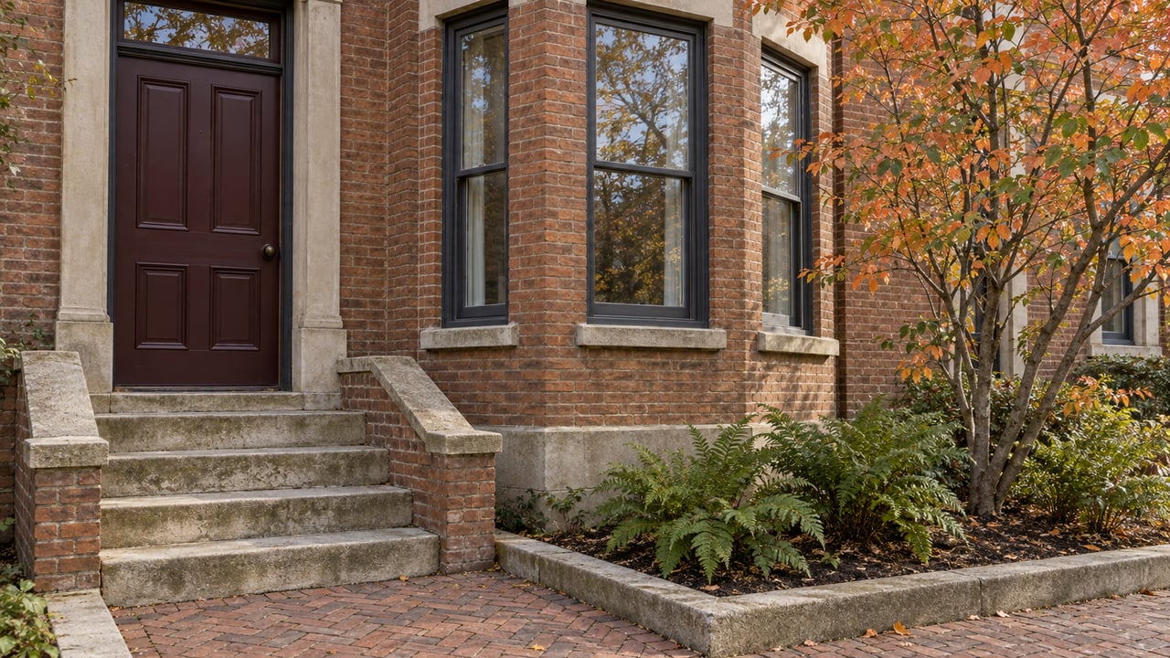 Russet brick residential entrance with an oxblood door, worn limestone steps, tall bay windows and a small autumn serviceberry garden.