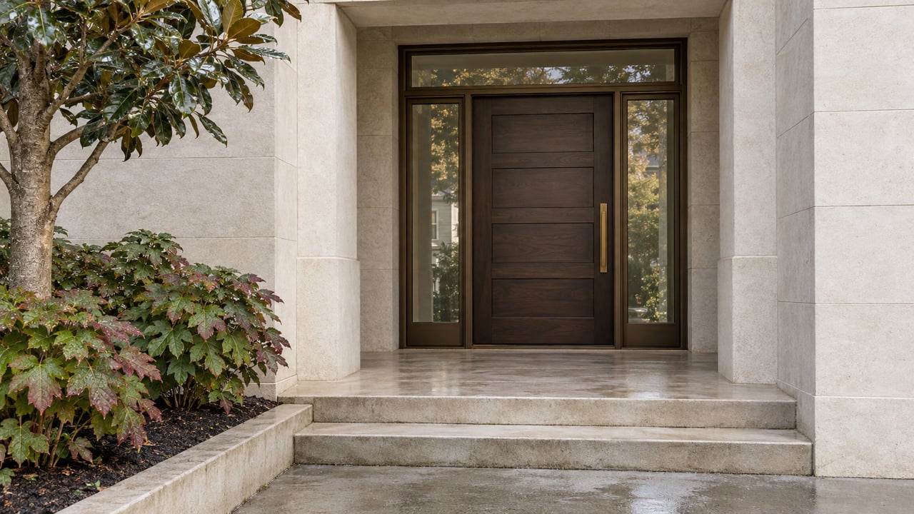 Pale limestone entrance with a dark paneled wood door, bronze-framed sidelights, and rain-damp steps beside oakleaf hydrangeas.