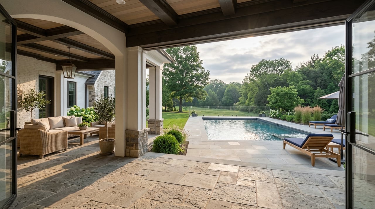 Covered loggia framed by brick columns, overlooking a travertine pool terrace, lawn, live oak, and clipped hedge.