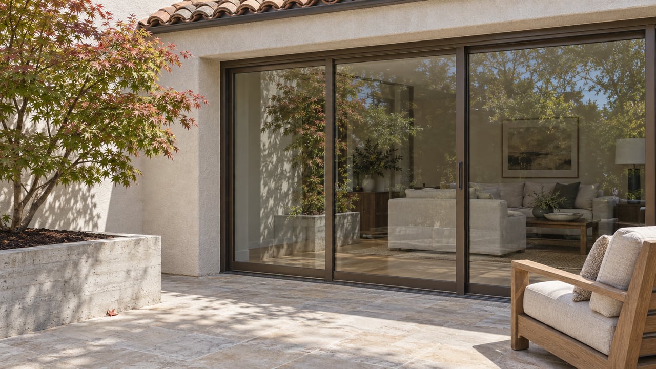 Stone patio with a red-leaf maple, raised planter, and sliding glass doors to a furnished living room.