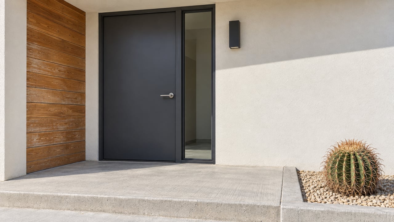 Close view of a shaded stucco home entrance with a charcoal door, tall sidelight, sun-aged wood accent and a cactus beside the concrete landing.