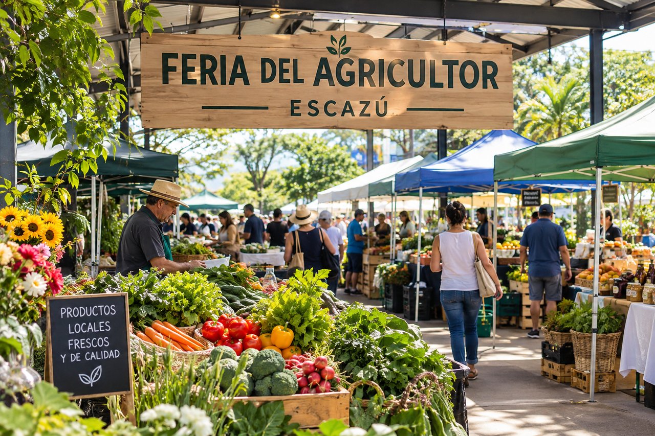 Shoppers browse fresh produce at Escazú’s farmers market beneath the Feria del Agricultor sign.