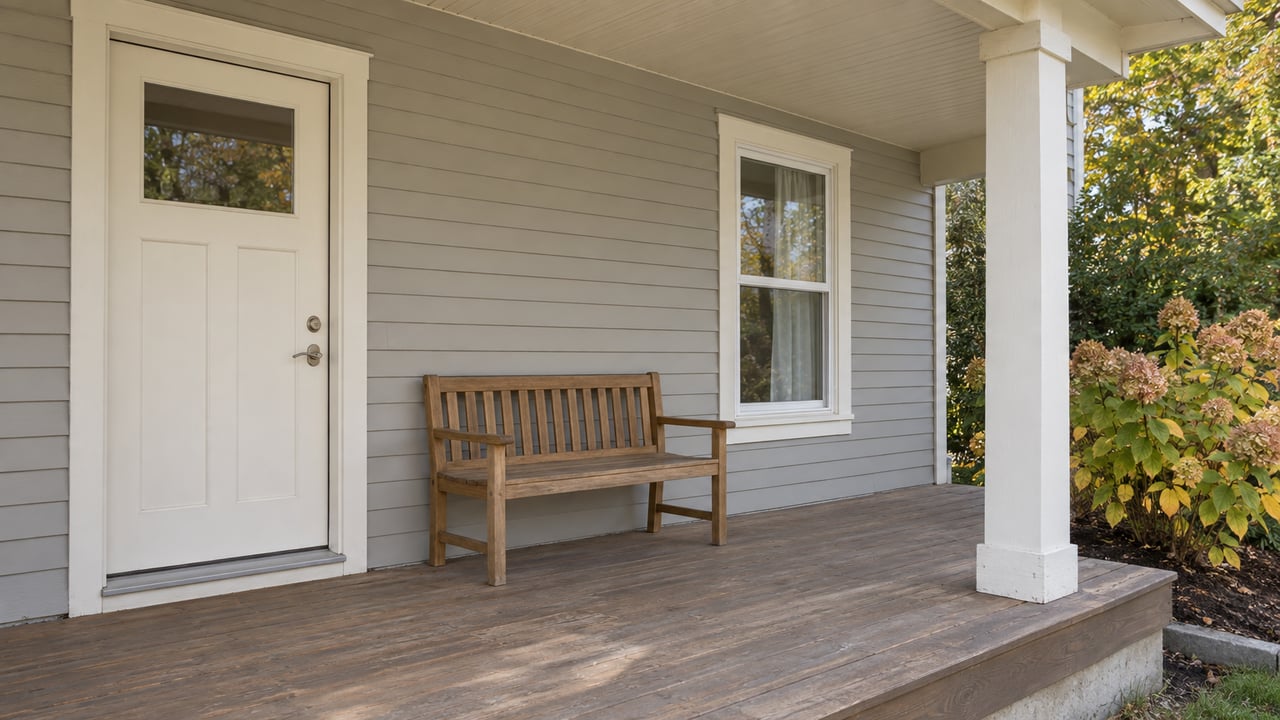 Daylit covered porch with pale-gray wood siding, a closed cream door, double-hung window, worn wood decking and one flowering hydrangea.