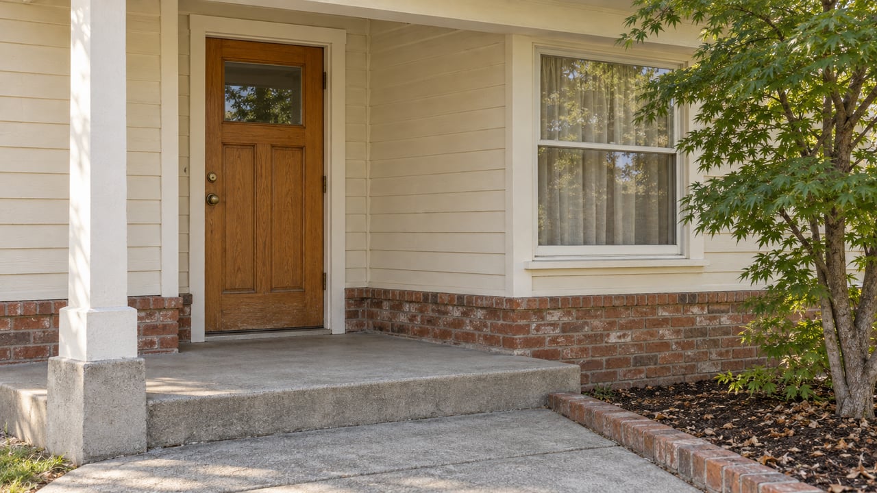 Close view of an ivory-sided home's oak front door, timber-framed window and worn concrete porch beside a Japanese maple.