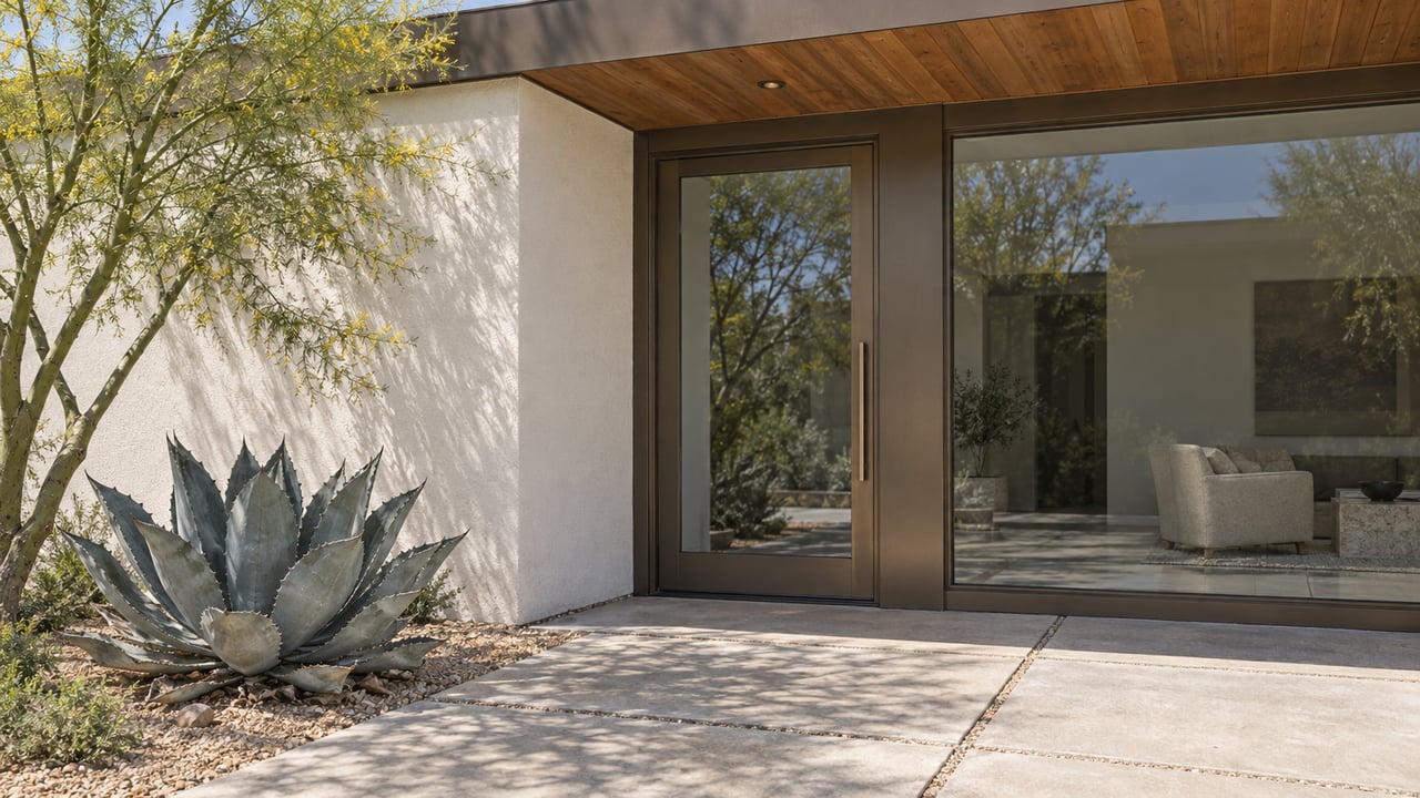Modern home entrance with a glass door, wood soffit, and large agave beside the walkway.