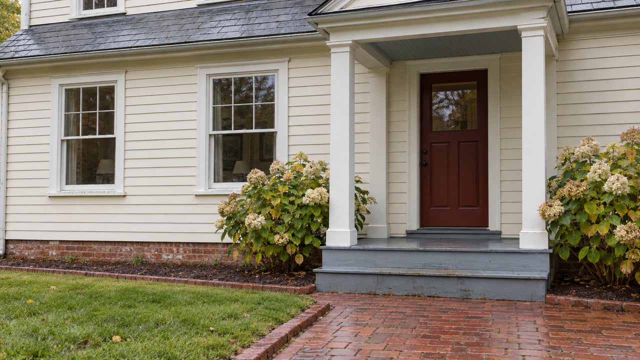 Cream clapboard house with a red front door, covered porch, and brick walkway.