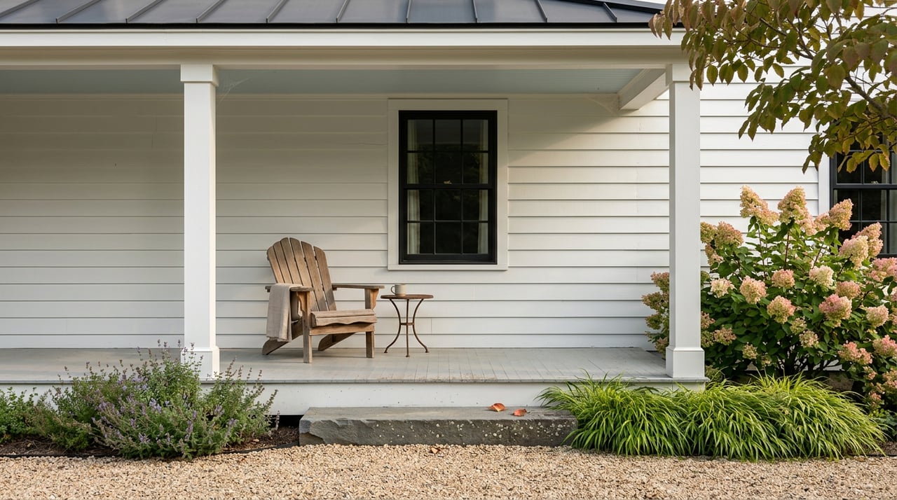Farmhouse porch with an Adirondack chair, iron table, blooming hydrangea, and gravel path.
