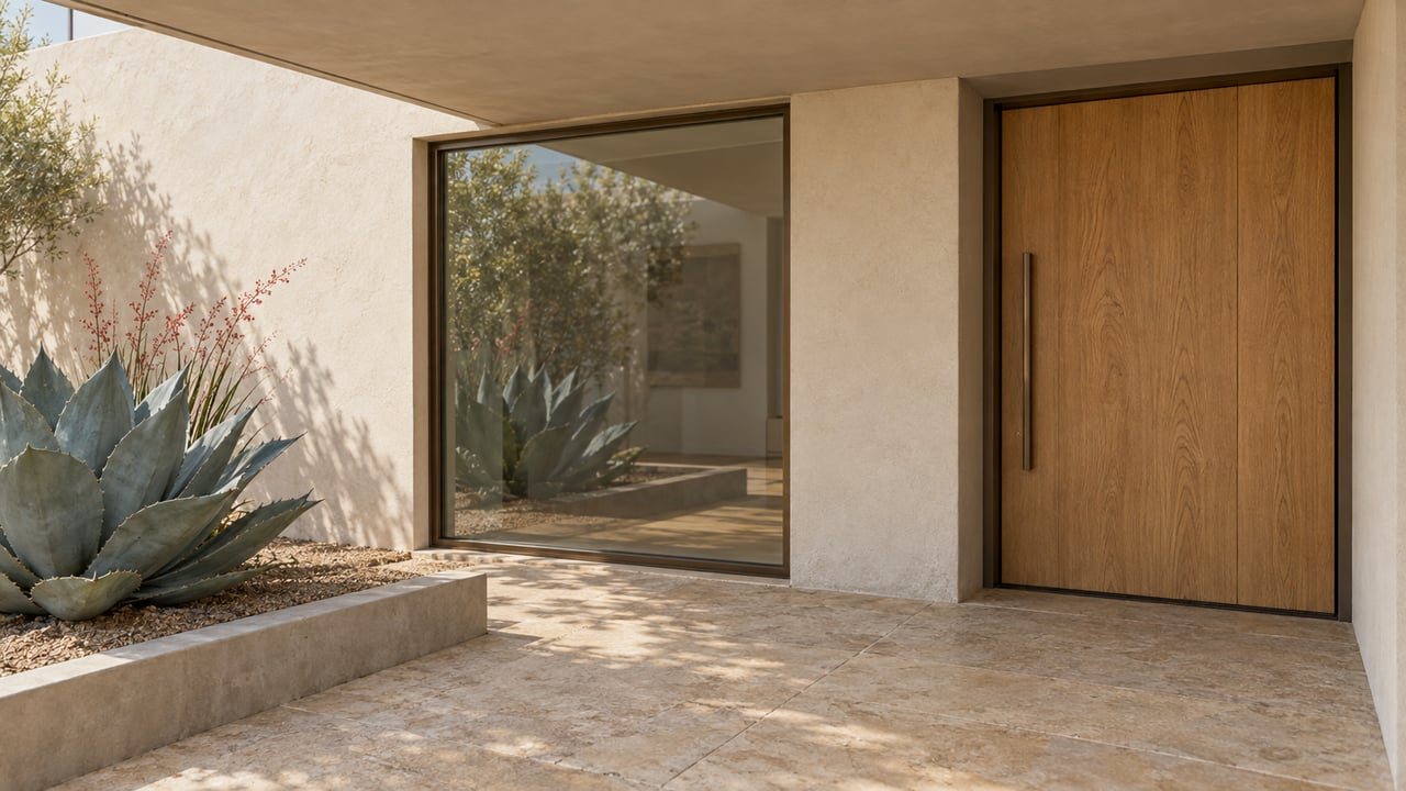 Ivory stucco entry with recessed oak door, bronze-framed window, and agave in a raised planting bed.