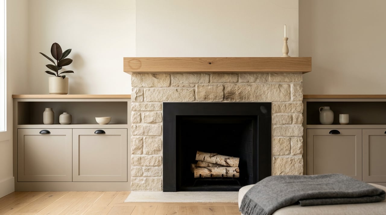 Limestone fireplace with a black steel firebox, oak mantel, flanking greige cabinets, and a potted rubber plant.