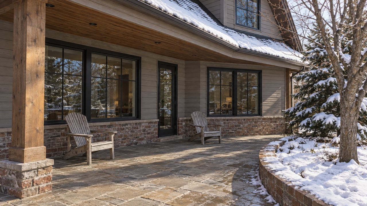 Snow-edged sandstone terrace with cedar chairs beside a wood-sided gabled home, black-framed windows and mature winter trees.