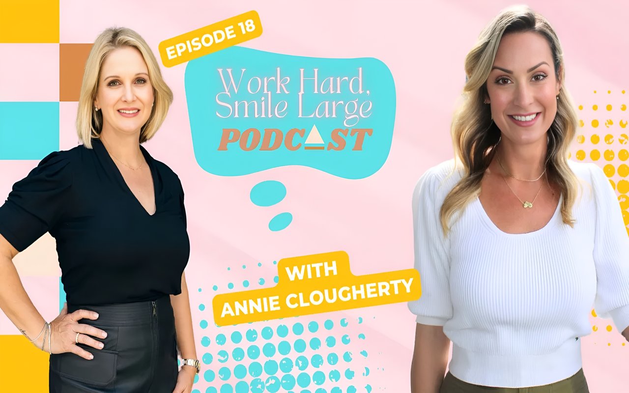 A podcast graphic featuring two women, one in a black top and one in a white top, with title "Work Hard, Smile Large Podcast."