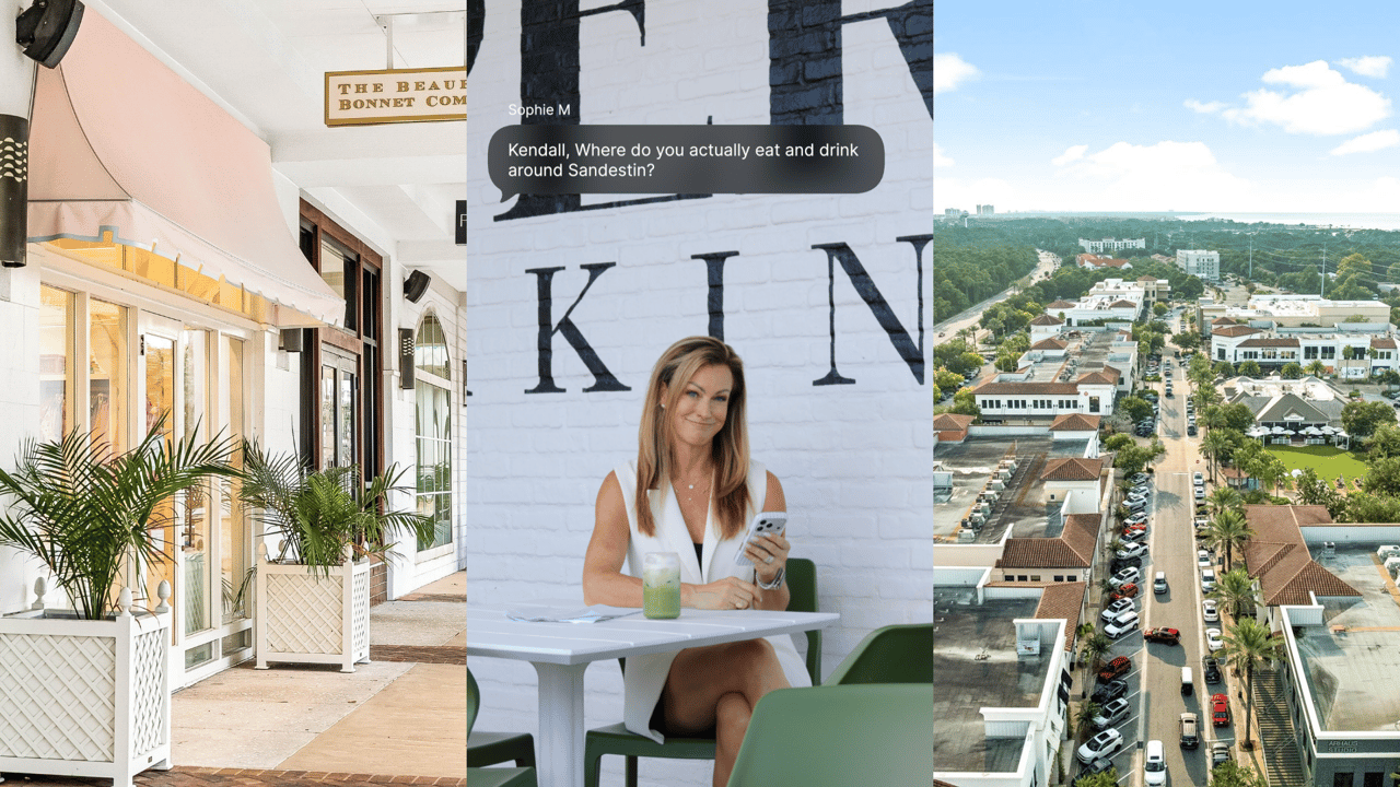 Sandestin dining district with a storefront, a woman at a cafe, and an aerial view of shops.