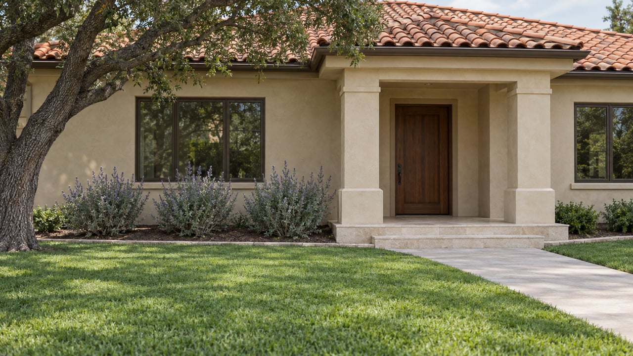 A beige stucco home with a clay-tile roof, recessed wood front door, bronze-framed windows, and a deep green lawn beside a mature oak.