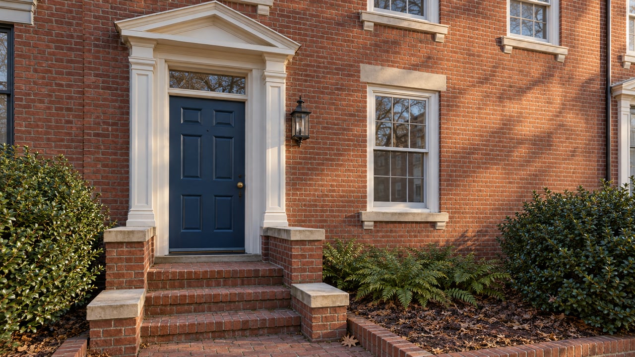 Sunlit red-brick townhome entry with a white pediment, blue door, brick stoop and planted beds.