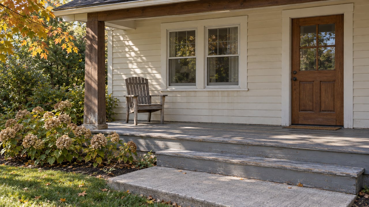 Sunlit timber cottage porch with cream wood siding, a closed glazed door, paired windows and worn gray steps beside autumn planting.