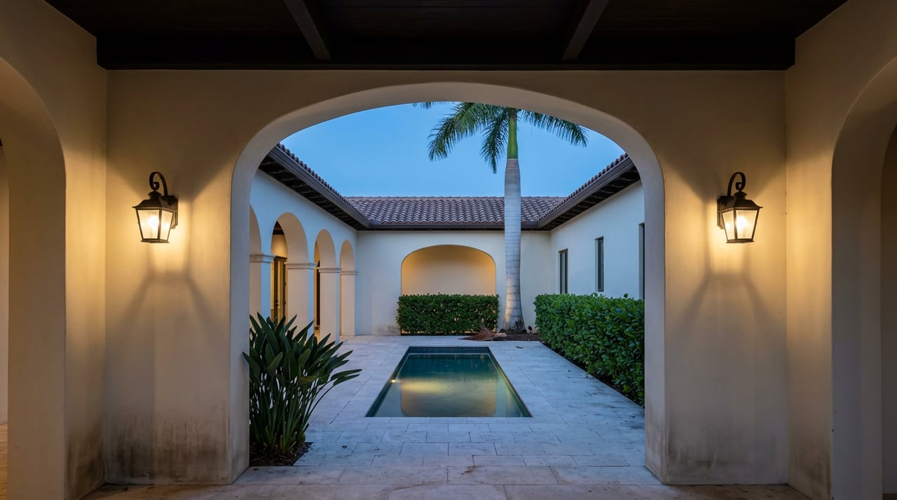 Stucco archway framing a courtyard with a reflecting pool, lantern sconces, terracotta roof, and palm.