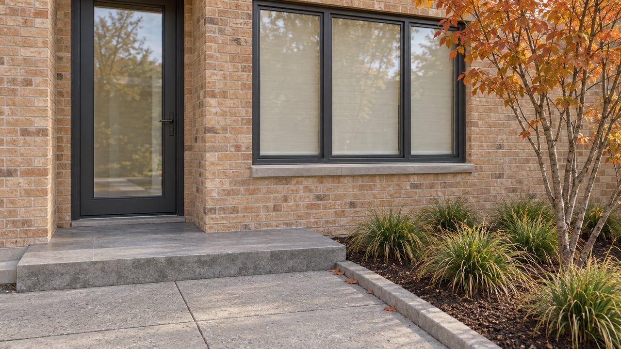 Contemporary buff-brick home entrance with charcoal-framed glazing, limestone steps and copper-leaved serviceberry beside a compact planted approach.
