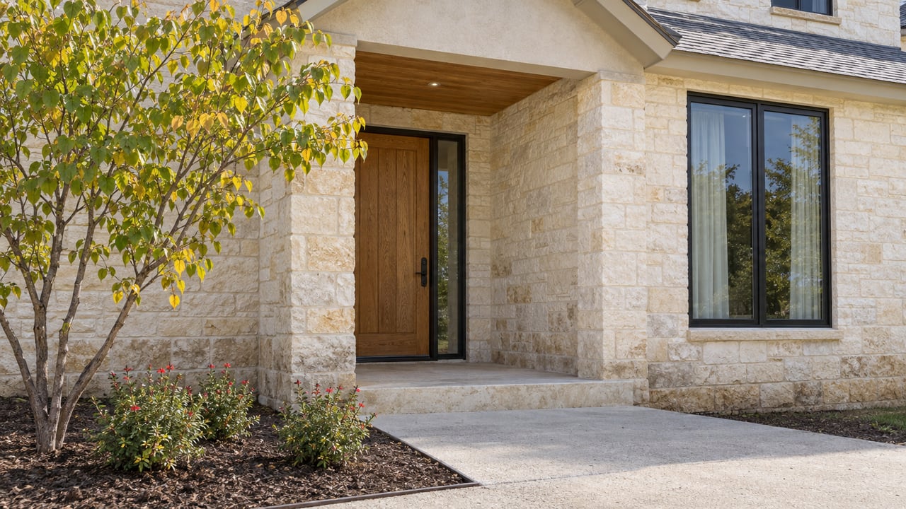 Recessed oak front door and black-framed window in a cream limestone home, with a concrete approach and small flowering planting bed.