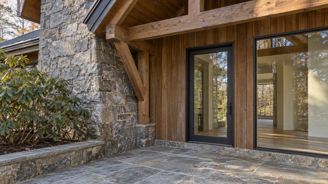 Close view of a timber-and-stone home entry with tall glazing, a flagstone terrace and a rhododendron in a raised stone bed.