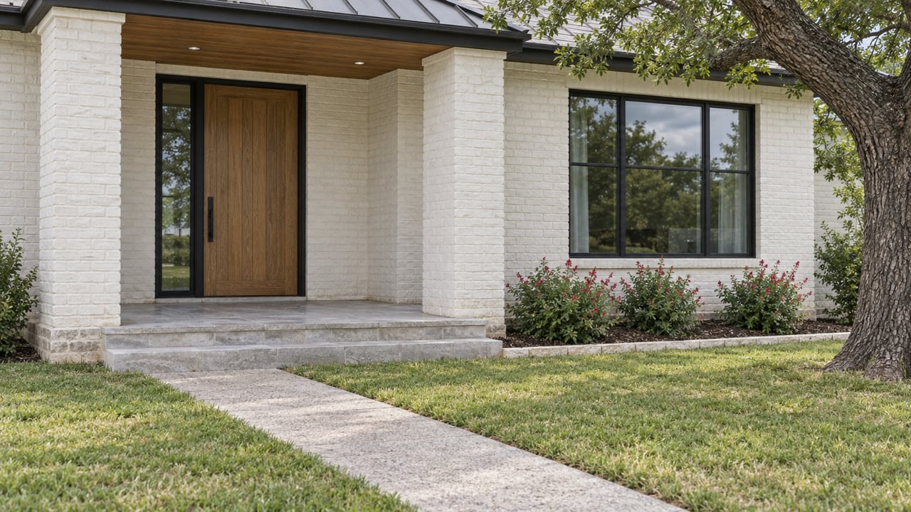 White brick home with a charcoal metal porch roof, oak front door, limestone steps, and a broad lawn beside a mature oak.