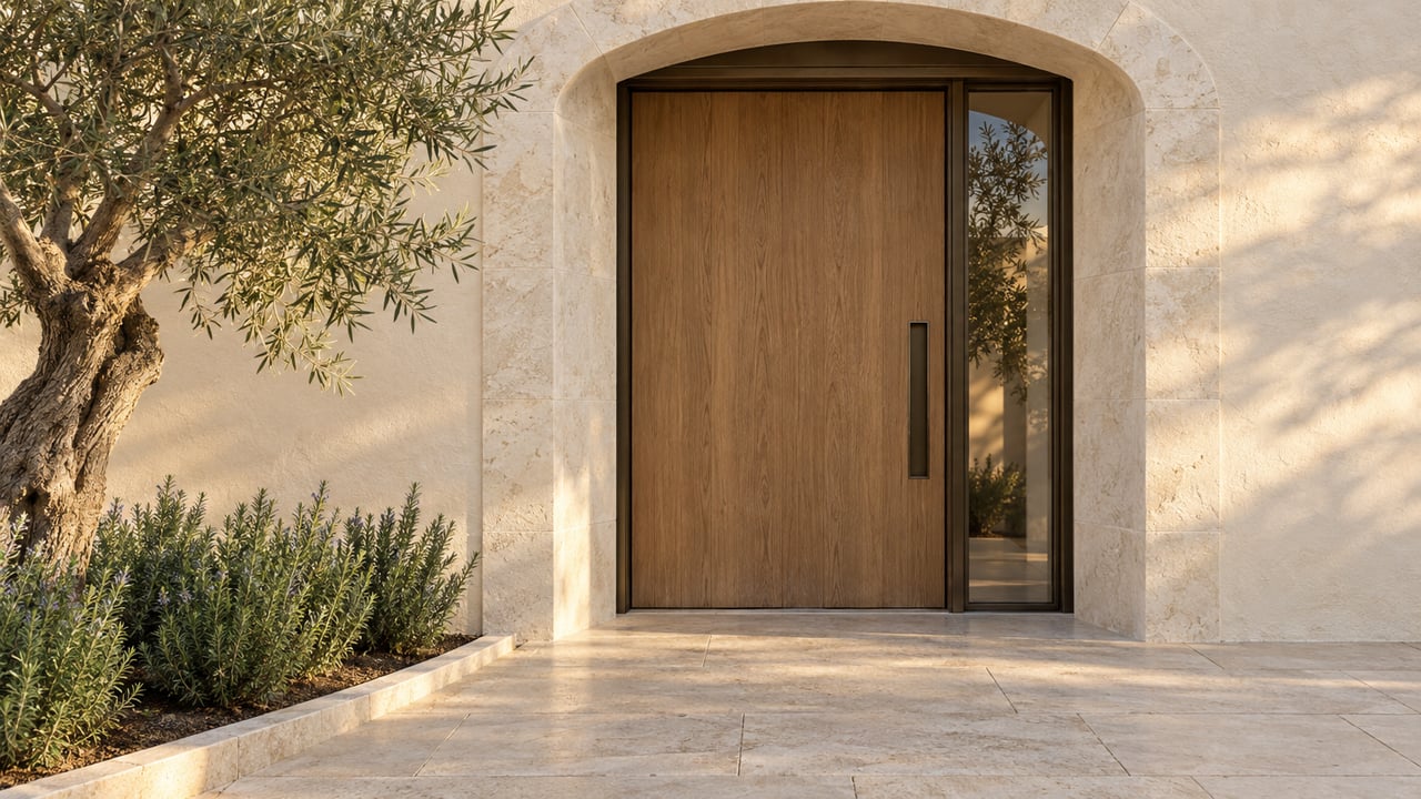 Recessed oak entrance framed by a limestone arch, with a bronze sidelight and olive tree.